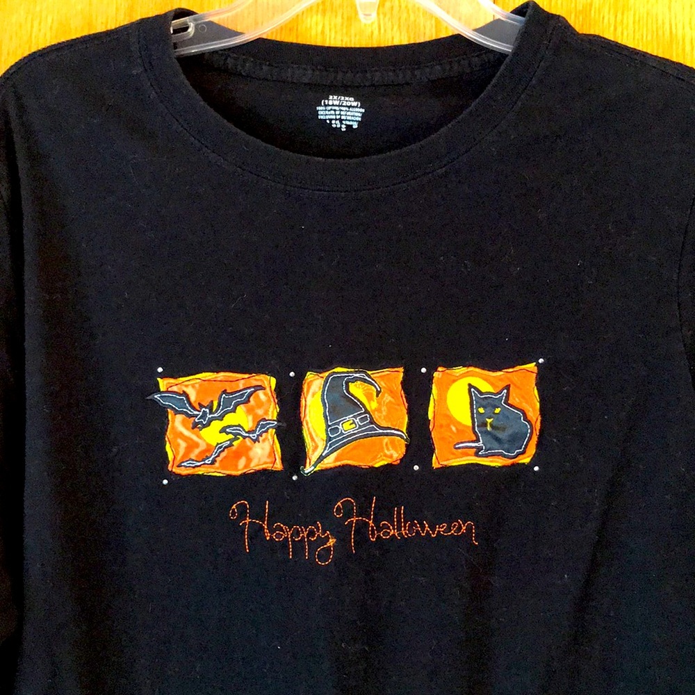 Halloween XXL cotton LS tee top t shirt black cat bat witch hat embroidered FUN!